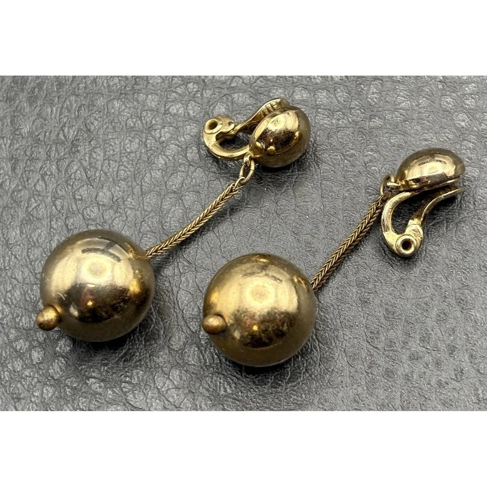 Vintage Monet Ball Dangle Drop Bead Earrings Clip-On Gold Tone